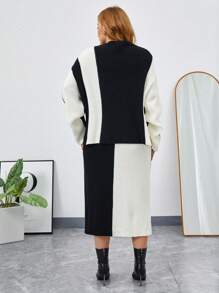 SHEIN Essnce 大碼雙色落肩袖毛衣和針織裙 - 黑與白 - 查看 2