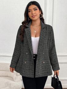 SHEIN Franclia Plus Plaid Pattern Double Breasted Tweed Blazer - Black - View 4