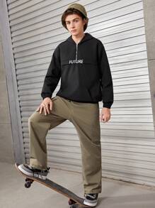 SHEIN Teen Boy Letter Graphic Half Zip Hooded Jacket - Black - View 4