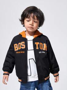 SHEIN جاكيت بطباعة أحرف مقلم مخطط بطباعة تيدي قبعة بدون كنزة صوف ولد طفل