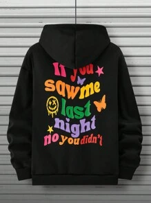 Manfinity Hypemode 鬆身男士帽衫,印有標語和卡通臉部設計,垂墜肩和帶雙拉繩帽子 - 黑色 - 查看 2