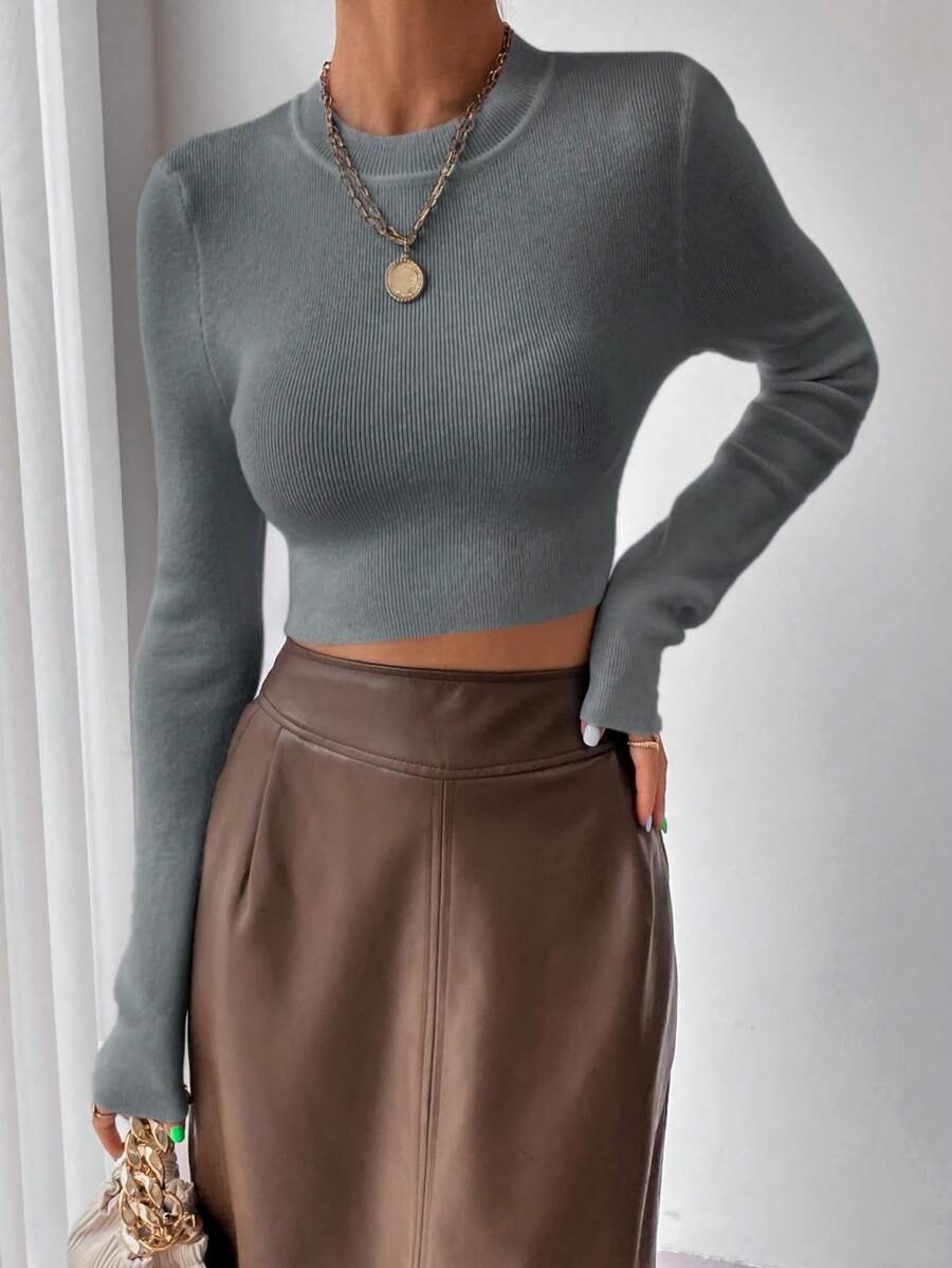 Chiquease 纯色短款罗纹针织套头衫，适合秋冬季穿着 - 深灰色 - 查看 1