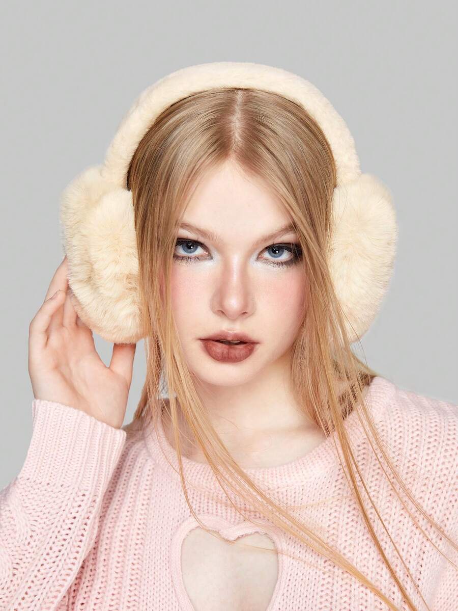ROMWE Kawaii 1pc Solid Fluffy Earmuffs - Beige - View 1