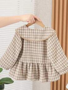 可愛口袋 荷葉邊 前紐扣格子女童（小）呢子 - 紫紅色 - 查看 2