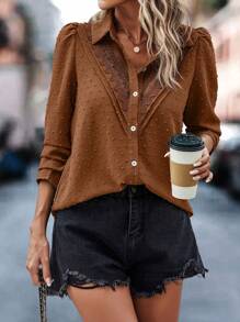 EMERY ROSE Swiss Dot Guipure Lace Insert Blouse - Brown - View 1