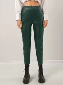 EURMUSE Solid Elastic Waist PU Leather Pants - Dark Green - View 1
