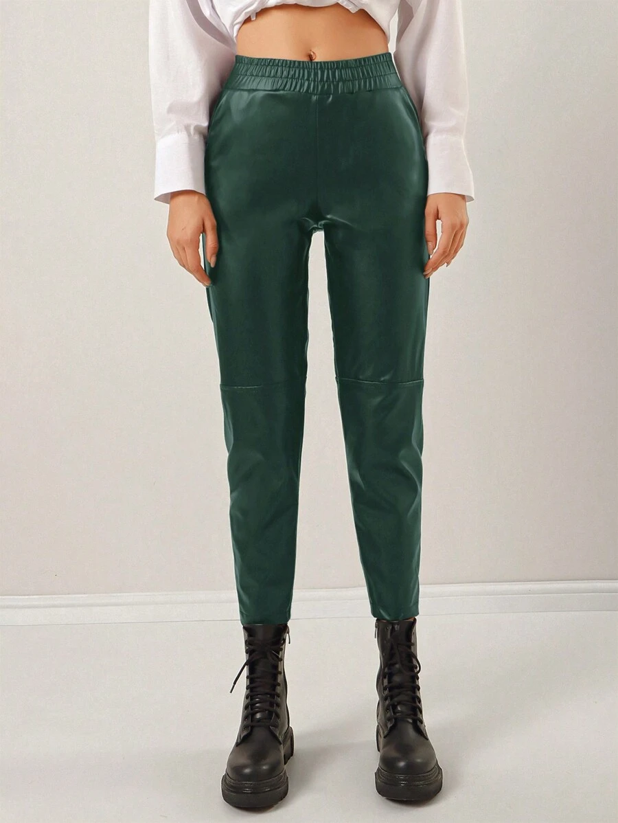 EURMUSE Solid Elastic Waist PU Leather Pants - Dark Green - View 1