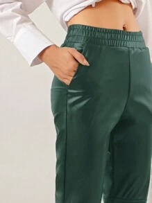 EURMUSE Solid Elastic Waist PU Leather Pants - Dark Green - View 4