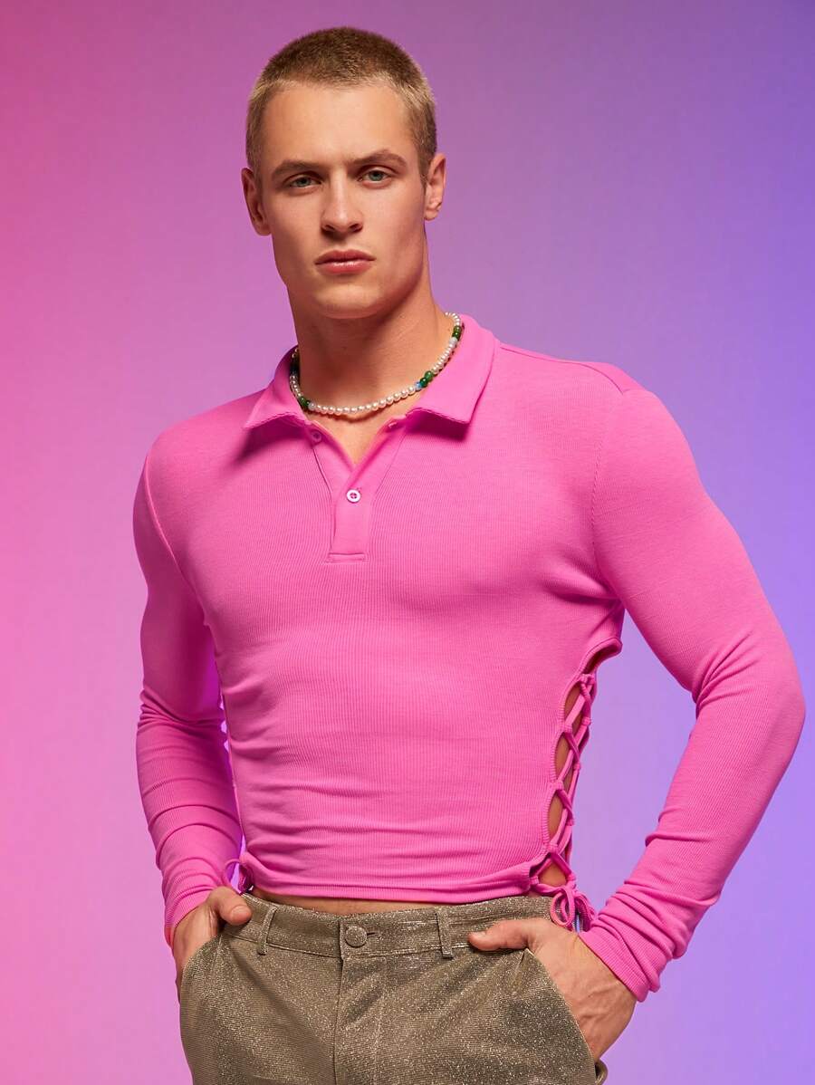 FeverCity Men Drawstring Side Polo Shirt - Hot Pink - View 1