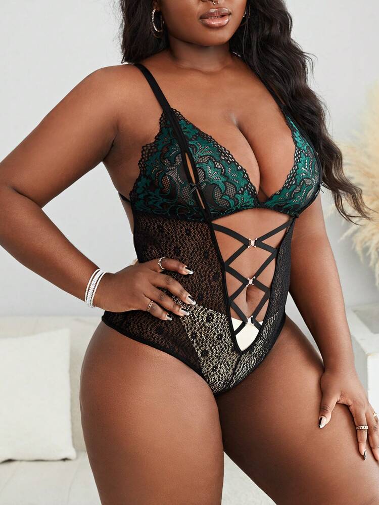Plus Floral Lace Crisscross Front Teddy Bodysuit