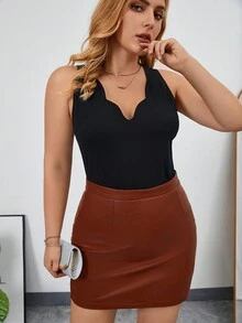 SHEIN Privé Talla grande Top tank ribete en abanico - Negro - Ver 3