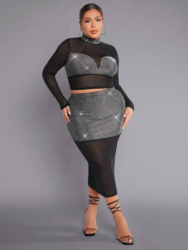 Plus Rhinestone Mesh Top & Pencil Skirt