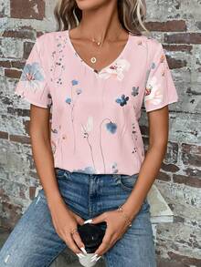 EMERY ROSE Floral Print V Neck Blouse - Pink - View 3