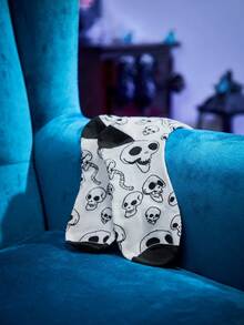 Corpse Bride | ROMWE 雙裝女式字母骷髏圖案圓襪 - 黑與白 - 查看 10