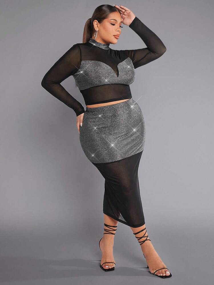 Plus Rhinestone Mesh Top & Pencil Skirt