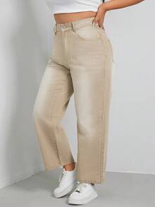 SHEIN EZwear 大碼高腰直筒牛仔褲 - 卡其色 - 查看 4