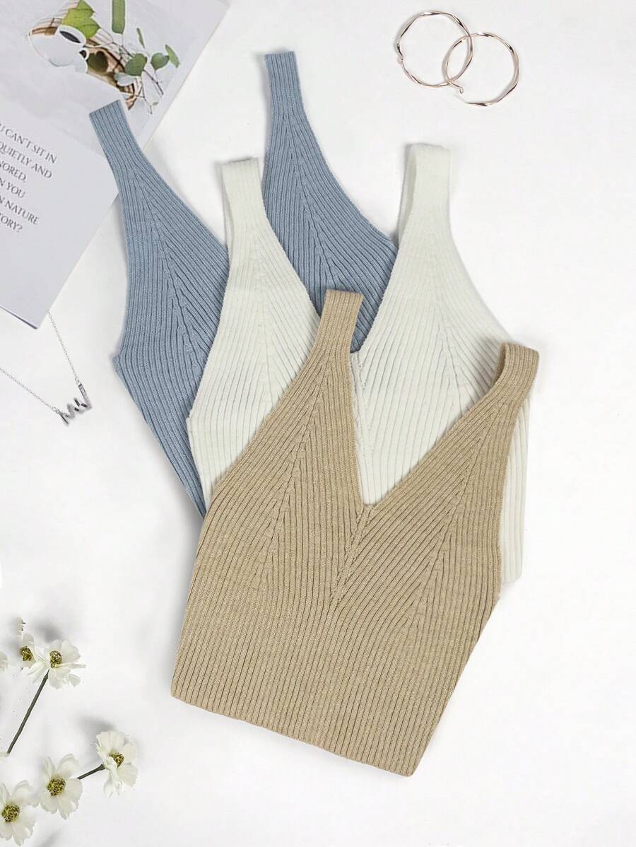 SHEIN Essnce 3pcs Chất rắn Đồ đan Ribbed Áo - Nhiều màu - Xem 1