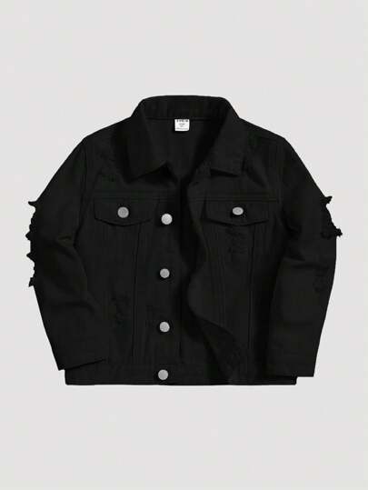 SHEIN Chico joven Cazadora mezclilla desgarro con bolsillo con solapa