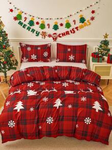 3pcs Christmas Red Plaid & Snowflake Pattern Printed Polyester Duvet Cover Set