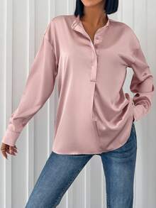 SHEIN Cottnline Solid Button Front Drop Shoulder Shirt - وردي صدئ - مشاهدة 4