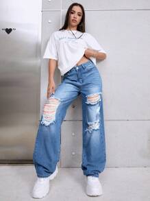 破洞直筒牛仔褲 - 藍色 - 查看 1