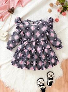 Baby Girl Plaid & Heart Print Ruffle Trim Flounce Sleeve Ruffle Hem Dress - Multicolor - View 1
