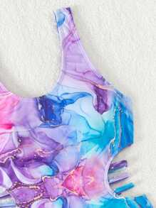 青少年女孩大理石圖案鏤空連體泳衣 - 彩色 - 查看 4
