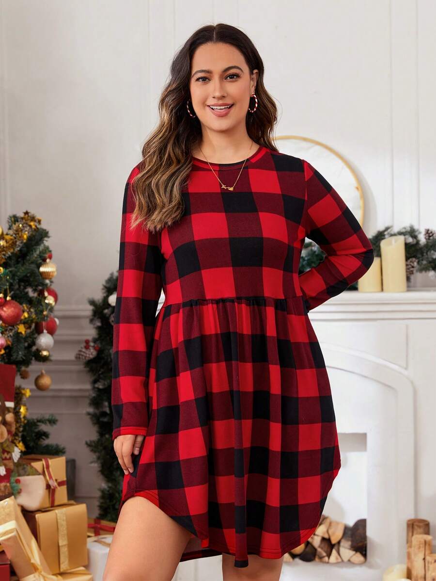 SHEIN LUNE Hơn In kẻ sọc Buffalo Váy Smock - Đỏ - Xem 1