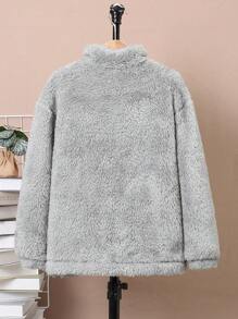 SHEIN 男大童字母補丁細節雙口袋落肩袖絨毛外套 - 灰色 - 查看 2