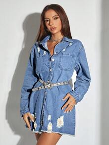 SHEIN BAE 破洞毛邊牛仔襯衫 - 深色水洗藍 - 查看 4