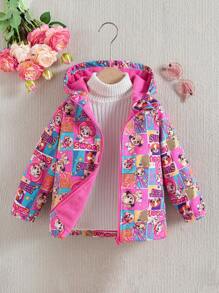 SHEIN 女小童波普藝術圖案毛絨內襯連帽外套無毛衣