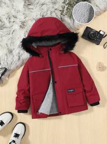SHEIN 男小童字母補丁細節毛茸邊連帽加絨內裏外套 - 酒紅色 - 查看 1