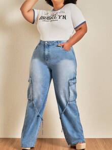 Shein Curve大尺碼款寬鬆直筒褲,設有側邊口袋 - 中等水洗藍 - 查看 3