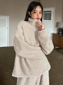 DAZY Half Zip Drop Shoulder Flannelette Lounge Set,Thermal Lined Fall,Winter Clothes Fluffy Pajama, Cozy Outfit