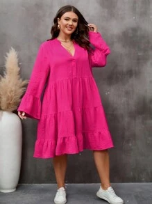 SHEIN LUNE 大碼荷葉袖荷葉邊娃娃裙 - 玫紅色 - 查看 5