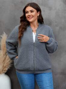 SHEIN LUNE Plus Zip Up Teddy Bomber Jacket - Grey - View 3