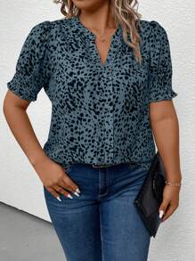 Plus Allover Print Notched Neckline Puff Sleeve Blouse