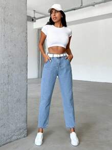 EURMUSE 女士纯棉休闲高腰妈妈款牛仔裤