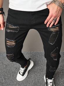 Manfinity LEGND Men Ripped Frayed Skinny Jeans - Black - View 6