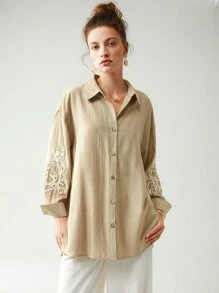 Anewsta Camisa con inserción de encaje guipur de hombros caídos - Caqui - Ver 8