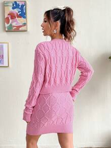 SHEIN Qutie Cable Knit Cardigan & Cami Sweater Dress - Dusty Pink - View 2