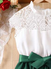 Tween Girl Contrast Lace Panel Frill Neck Belted Dress - Green - View 7