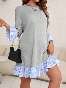 SHEIN Thai sản In sọc tay áo lá sen Xù Hoa Sen Váy Smock - Xám - Xem 3