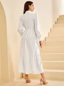 Seusyu 荷叶边下摆连衣裙和前系带背心夹克两件套 - 卡其色 - 查看 2