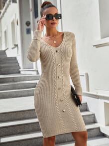EURMUSE Cable Knit Button Detail Bodycon Sweater Dress - Beige - View 6