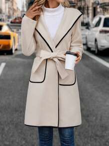 EMERY ROSE 撞色滾邊連帽腰帶花呢外套 - 杏色 - 查看 1