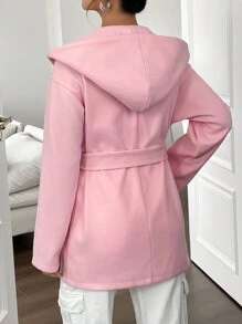 SHEIN Essnce 素色腰帶連帽花呢外套 - 粉色 - 查看 2