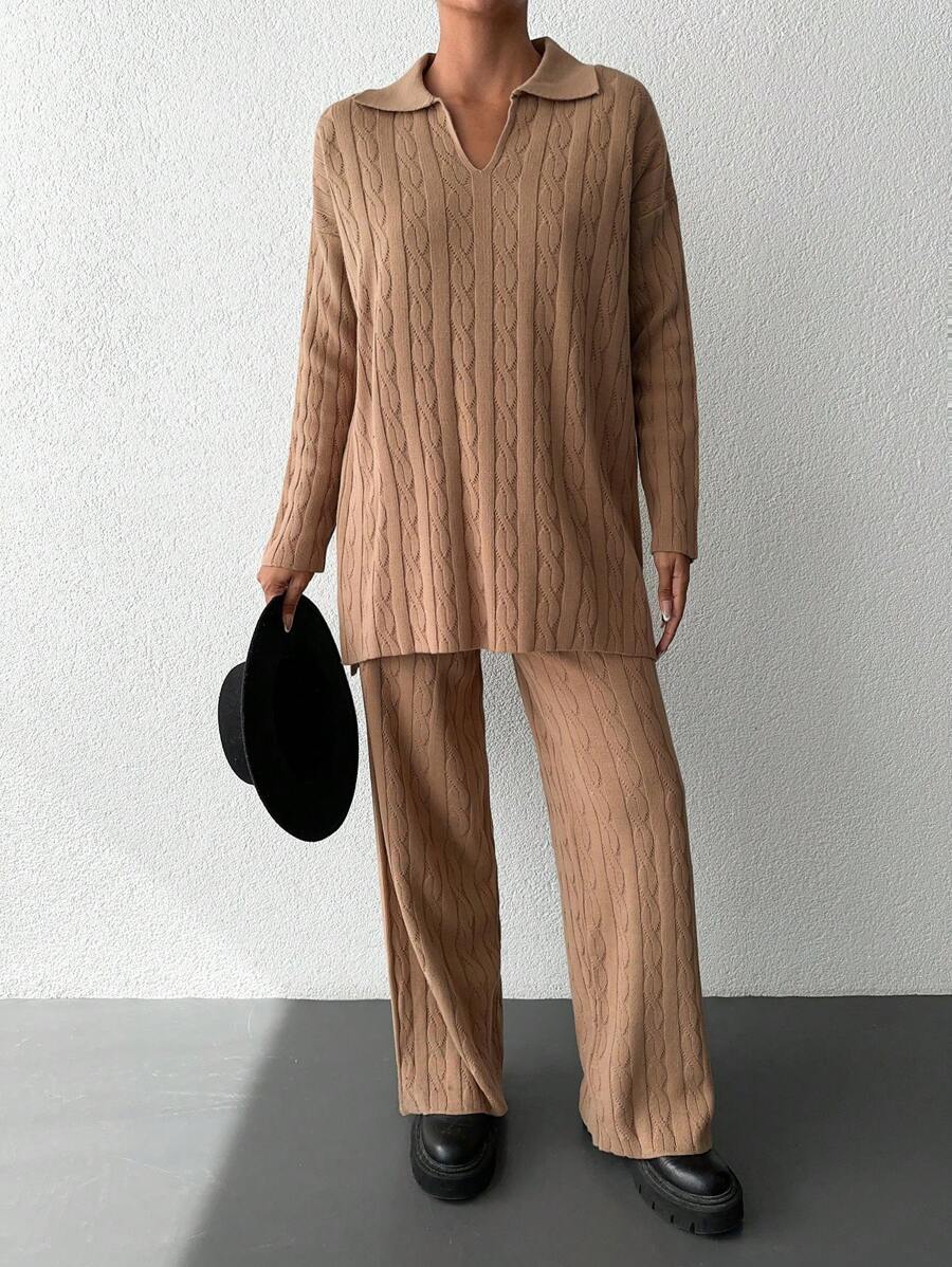 EURMUSE Solid Drop Shoulder Sweater & Knit Pants - Brown - View 1