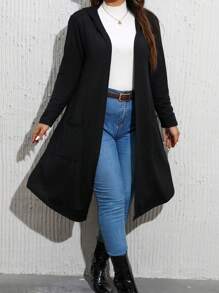 SHEIN LUNE Plus Dual Pocket Open Front Hooded Coat - Black - View 6