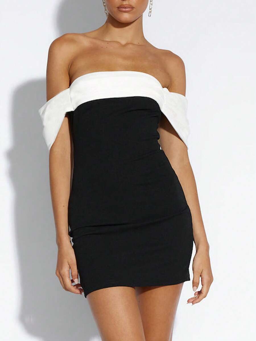 Two Tone Off Shoulder Bodycon Dress - Black - View 1